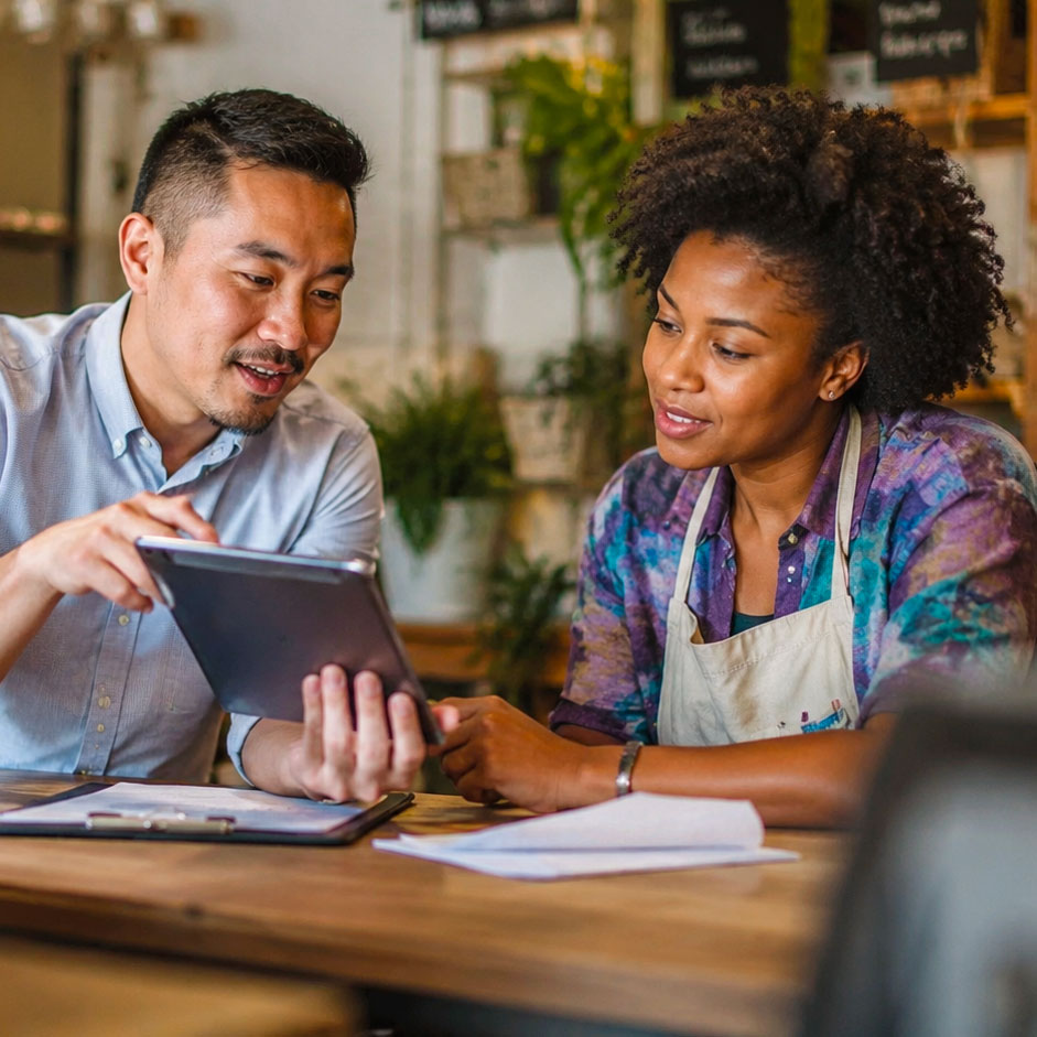 A business adviser reviewing plans on a tablet with a small business owner in her café.